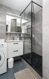 ein Badezimmer mit einer Dusche, einem Waschbecken und einer Waschmaschine in der Unterkunft Appartement moderne, proche du Parc de la tête d'Or et de Lyon in Villeurbanne