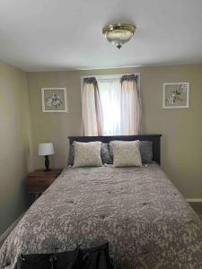 een slaapkamer met een groot bed en een raam bij Theos Cottage Niagara in Lewiston
