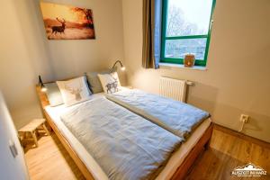 Schlafzimmer mit einem großen Bett und einem Fenster in der Unterkunft Auszeit-im-Harz Haus 5 Wohnung 32 in Stiege