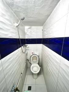 uma casa de banho com um WC com paredes azuis e brancas em The view appartement em Rabat