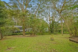 a yard with trees and a house in the background at Leafy Family House, Close to Beach and Surf Club in Macmasters Beach