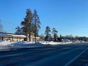 蒂明斯的住宿－Pine Ridge Motel，一条空荡荡的街道,路边下雪