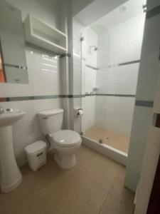 ein Bad mit einem WC und einer Dusche in der Unterkunft Cardos hostal in Pisco