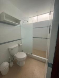 ein weißes Bad mit einem WC und einer Dusche in der Unterkunft Cardos hostal in Pisco