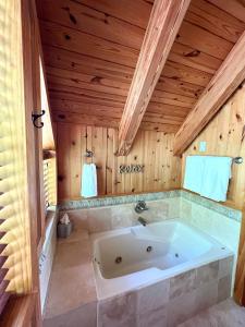 eine große Badewanne in einem Zimmer mit Holzwänden in der Unterkunft Sunset Point on Lake Keowee in Six Mile
