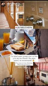 un collage de fotos de un restaurante con una mesa con comida en Los Faroles Hostal, en Potosí