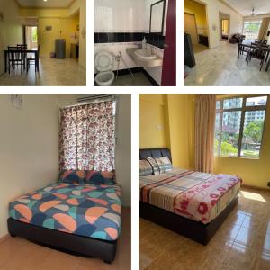 a collage of four pictures of a bedroom at Cuti Cuti apartment Glory Beach in Port Dickson
