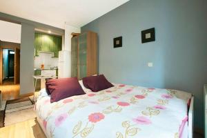 1 dormitorio con 1 cama con almohadas moradas y rosas en One bedroom property with wifi at Madrid, en Madrid