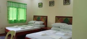 two beds in a room with green curtains at Camguin Lanzones Resort in Balbagon