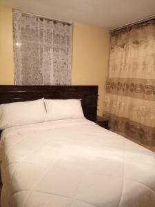 um quarto com uma grande cama branca e uma janela em HOSTAL SUIT ANDINA em Puno