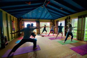 eine Gruppe von Leuten, die in einem Zimmer Yoga machen in der Unterkunft Maui Eco Retreat in Huelo