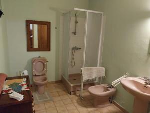 La salle de bains est pourvue de toilettes, d'une douche et d'un lavabo. dans l'établissement Appartement d'une chambre avec jardin clos et wifi a Ducos, à Ducos