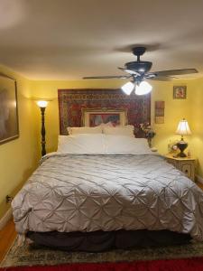 a bedroom with a large bed with a ceiling fan at Cozy room near Airport & Highway in Saint Louis