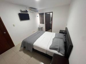 1 dormitorio con 1 cama y TV en la pared en Casa con piscina Punta Carnero, en Salinas