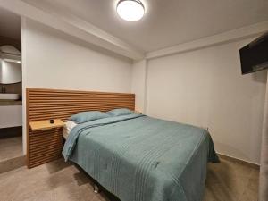 1 dormitorio con 1 cama con cabecero de madera en Hermoso dúplex con gran vista!, en Pucusana