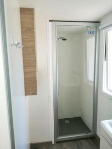 a shower with a glass door in a bathroom at Bungalow charmant à Condrieu avec piscine partagée conviviale in Condrieu