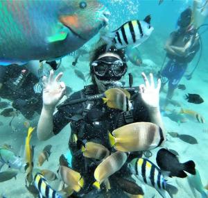 um mergulhador na água com peixes e geons em Dive and Trek Resort and Marine Sanctuary em Bauan