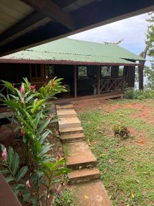 ein Haus mit einem grünen Dach und einer Treppe, die dorthin führt in der Unterkunft The Lodge at Punta Rica- Hilltop Eco-Lodge with Views & Pool in Bastimentos