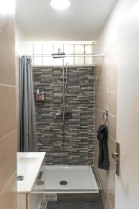 uma casa de banho com um chuveiro e um lavatório. em Carpe Diem Spacieux élégant et confortable appartement idéal pour les séjours professionnels em Les Abymes
