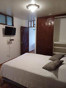 um quarto com uma cama grande e uma televisão em Aparta estudio valyval em Ibagué