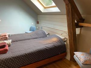 une chambre avec deux lits et une lucarne dans l'établissement Appartement tout équipé dans un cadre naturel, proche du Parc Avesnois et commodités, jusqu'à 5 pers. - FR-1-510-189, à Orsinval