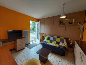 ein Wohnzimmer mit einem Bett und einem TV in der Unterkunft Studio Marseillan-Plage, 1 pièce, 2 personnes - FR-1-326-804 in Marseillan