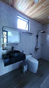 een badkamer met een wastafel, een toilet en een raam bij THẢO NGUYÊN VILLA BẢO LỘC in B'su M'rac
