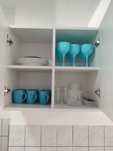 a kitchen with blue cups and plates on shelves at Sanbar House in San Bartolo