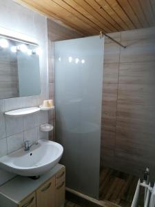 ein Badezimmer mit einem weißen Waschbecken und einem Spiegel in der Unterkunft Chata Rusalka in Nemecká