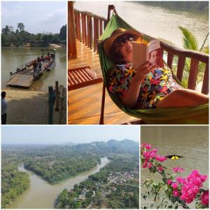 een vrouw die een boek leest in een hangmat op een rivier bij Green Bamboo Lodge Resort in Cat Tien