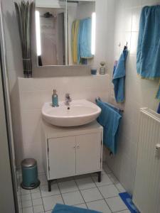 a bathroom with a sink and a mirror and blue towels at Apartment Kleiner Heinrich in Braunlage