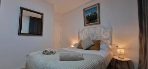 1 dormitorio con cama y espejo en la pared en DS LealHomes, patio and terrace, en Córdoba
