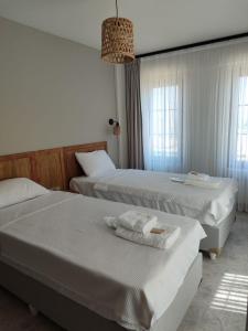 een hotelkamer met 2 bedden en een kroonluchter bij Thalassa Hotel Bozcaada in Bozcaada
