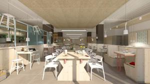 rendering restauracji ze stołami i krzesłami w obiekcie MEININGER Hotel München Zentrum w Monachium