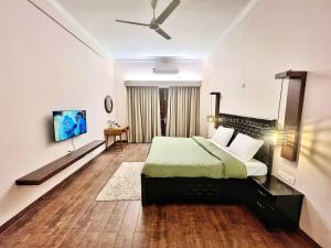 歐恰的住宿－Bundeli Kothi - a unique farmstay，一间卧室配有一张床,墙上配有电视