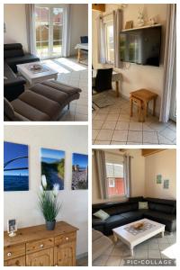 a collage of four pictures of a living room at Ferienhaus Steilküste in Fehmarn