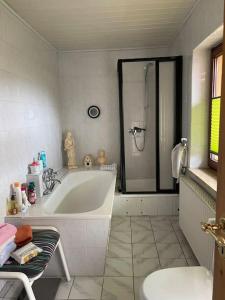 a bathroom with a tub and a shower and a sink at Landhaus Anke in Roduchelstorf