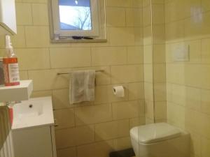 uma casa de banho com um WC, um lavatório e uma janela em Appartamento Super Confortevole em Gaglianico