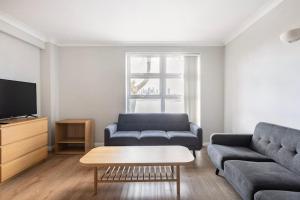 een woonkamer met een bank en een tv bij Beautiful 2 bed / 2 bath flat near central London in Londen