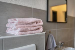 una pila de toallas en un mostrador en el baño en Ferienwohnung Lindenhof 1, en Bad Lauterberg