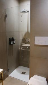 ducha con puerta de cristal y lavamanos en Hotel Battisti 31, en Brescia
