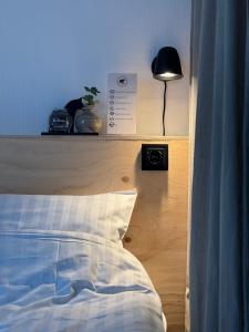 Lima的住宿－STF Sälen Torgåsgården，一间卧室配有一张带灯和灯的床