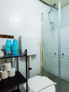 ein Badezimmer mit einer Dusche und einem Regal mit Handtüchern in der Unterkunft Designed & Cozy Studio Near by Dizingoff Sqr. in Tel Aviv