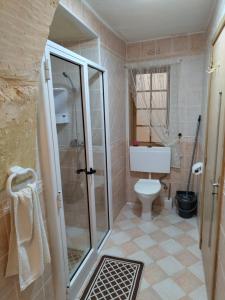 a bathroom with a toilet and a glass shower at Charming rustic getaway in Xaghra, Gozo. in Xagħra