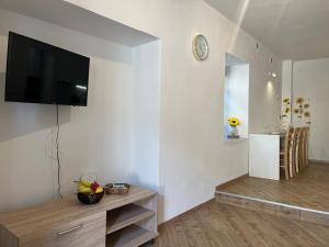 a living room with a flat screen tv on a wall at Borgo Bliss Apartment in Tenno