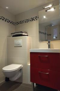 y baño con aseo, lavabo y espejo. en Chambre d'hôtes Le Cocon, en Saint-Géniès-de-Malgoirès