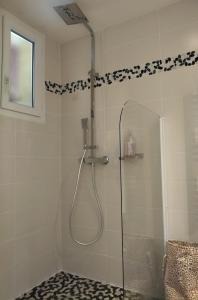 um chuveiro com uma porta de vidro na casa de banho em Chambre d'hôtes Le Cocon em Saint-Géniès-de-Malgoirès