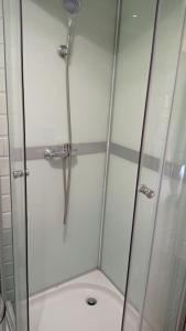 a shower with a glass door next to a toilet at Uroczy domek na Mazurach in Nowe Kiejkuty +23 photos