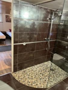 La salle de bains est pourvue d'une douche avec une porte en verre. dans l'établissement Villa Liberté Verdun, à Villejuif