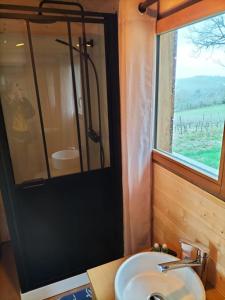 baño con lavabo y ducha con ventana en Les lodges d'Adelaide, en Cahuzac-sur-Vère